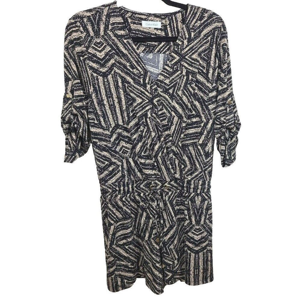 Calvin Klein Womens Romper Size 4 Black Printed 3/4 Sleeve Drawstring V-Neck